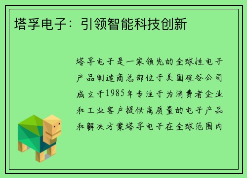 塔孚电子：引领智能科技创新